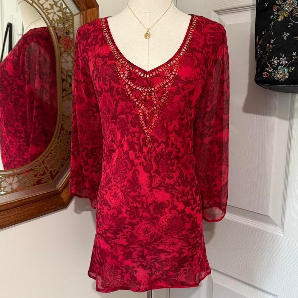 VTG Y2K Avenue Red Silk Floral Paisley Mid Sleeve Beaded Romantic Fairy Top 1X